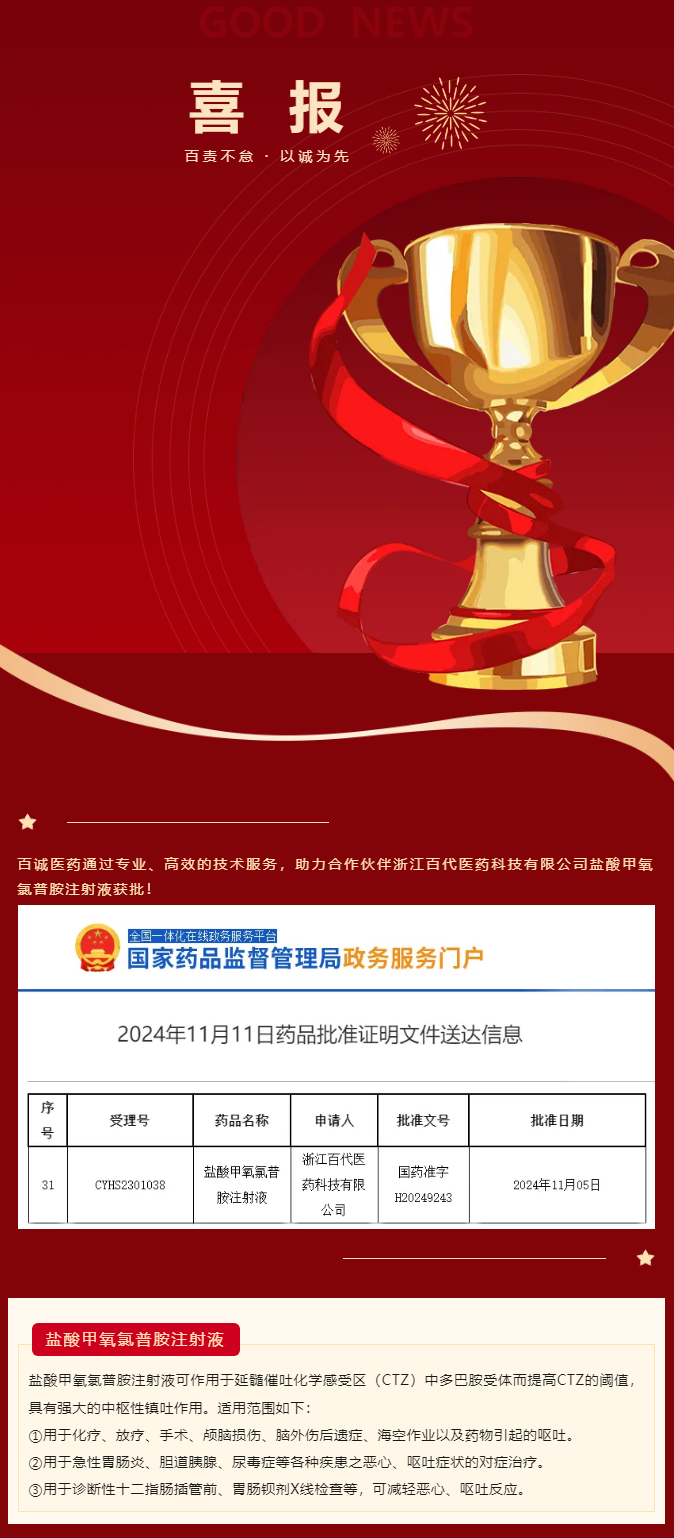 喜報(bào)！百誠醫(yī)藥助力合作伙伴鹽酸甲氧氯普胺注射液獲批！.png